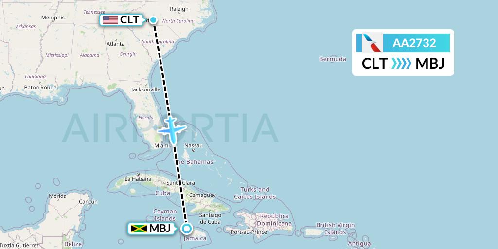 AA2732 American Airlines Flight Map: Charlotte to Montego Bay