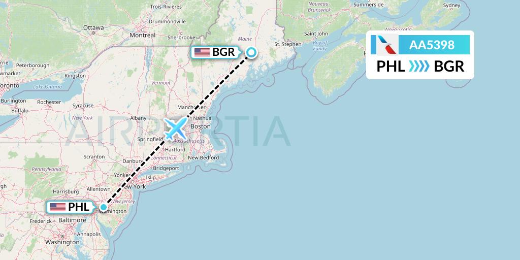 AA5398 American Airlines Flight Map: Philadelphia to Bangor