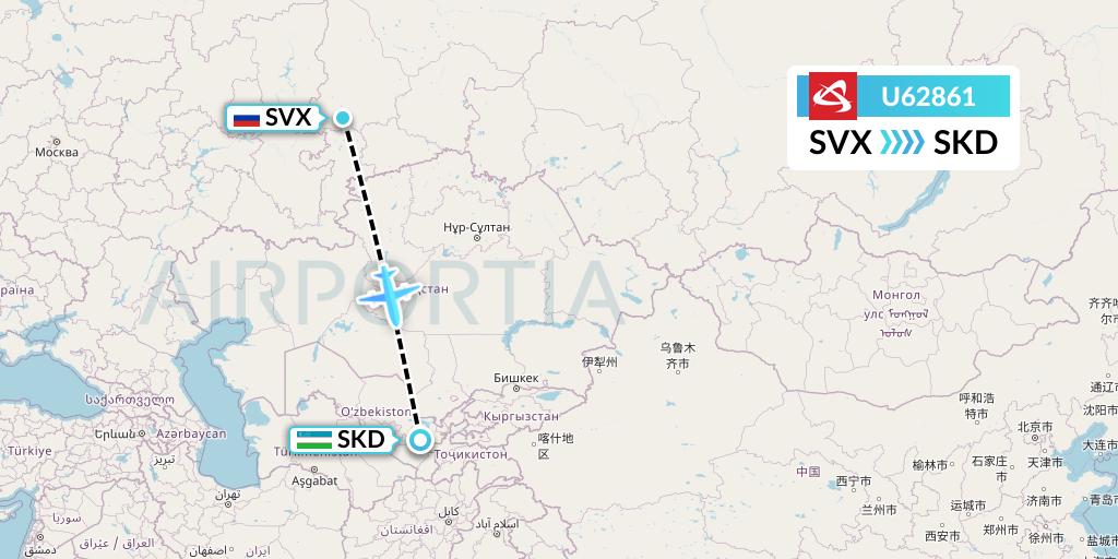 U62861 Ural Airlines Flight Map: Yekaterinburg to Samarkand
