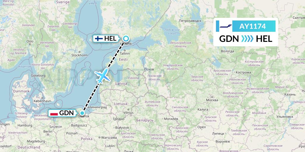 AY1174 Finnair Flight Map: Gdansk to Helsinki