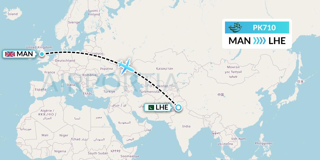 PK710 Pakistan International Airlines Flight Map: Manchester to Lahore