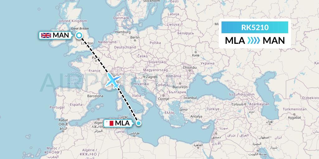 RK5210 Ryanair UK Flight Map: Malta to Manchester