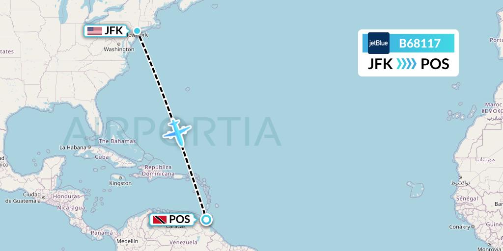 B68117 JetBlue Airways Flight Map: New York to Port of Spain