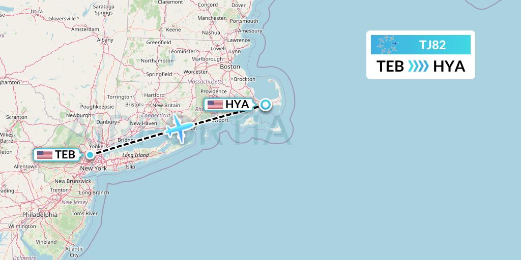 TJ82 Tradewind Aviation Flight Map: Teterboro to Hyannis