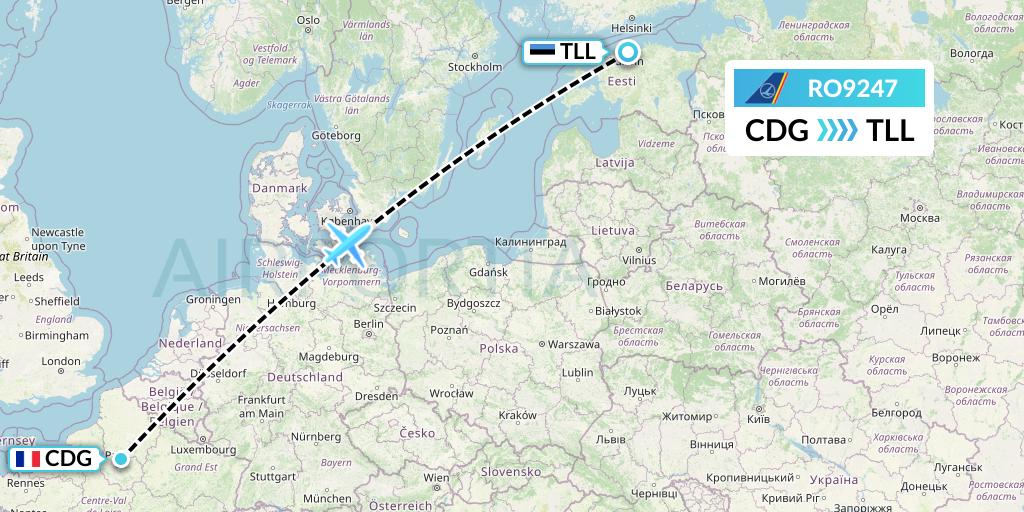 RO9247 Tarom Flight Map: Paris to Tallinn