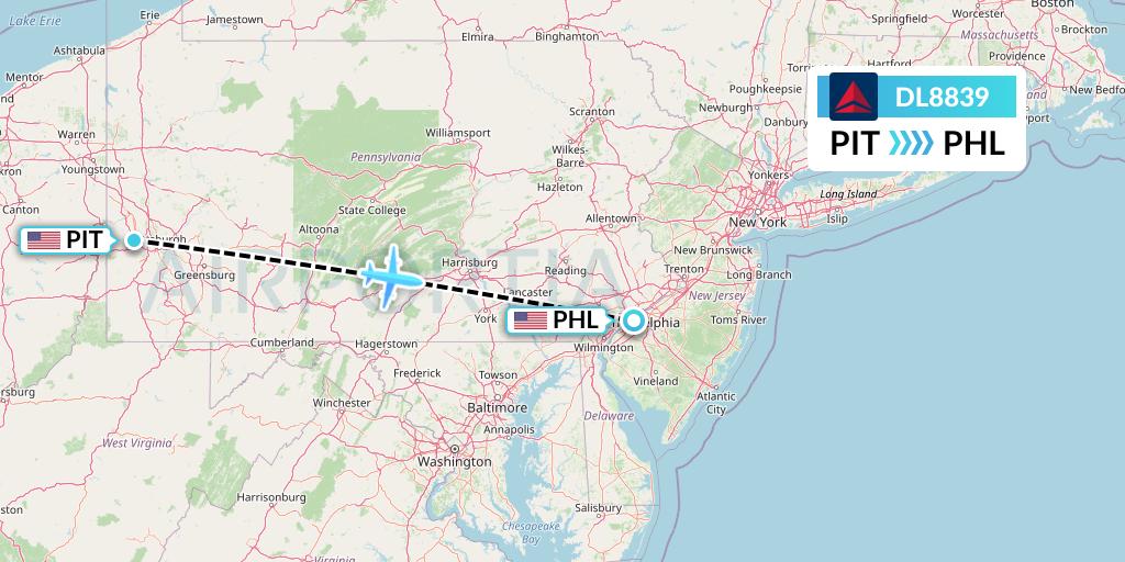 DL8839 Delta Air Lines Flight Map: Pittsburgh to Philadelphia