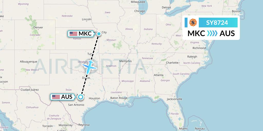SY8724 Sun Country Airlines Flight Map: Kansas City to Austin