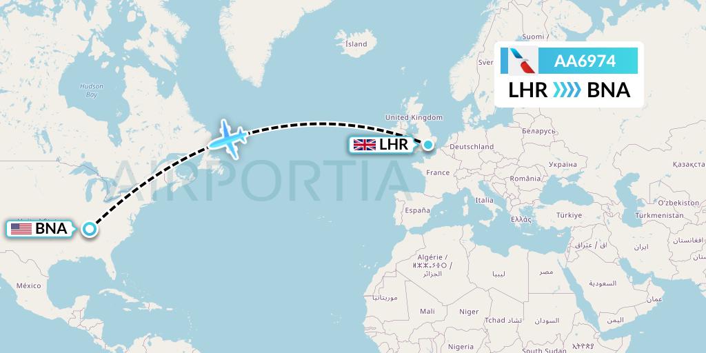 AA6974 American Airlines Flight Map: London to Nashville