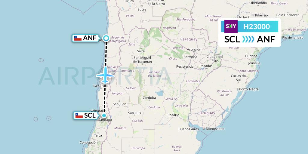 H23000 Sky Airline Flight Map: Santiago to Antofagasta