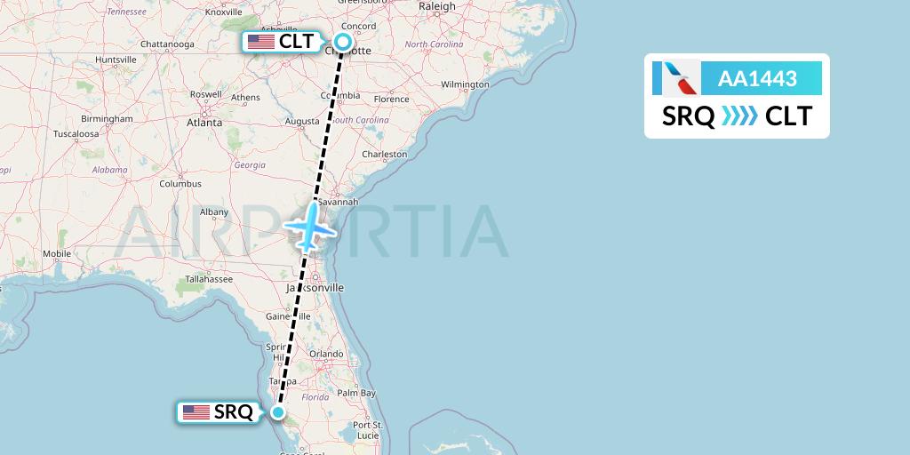 AA1443 American Airlines Flight Map: Sarasota to Charlotte