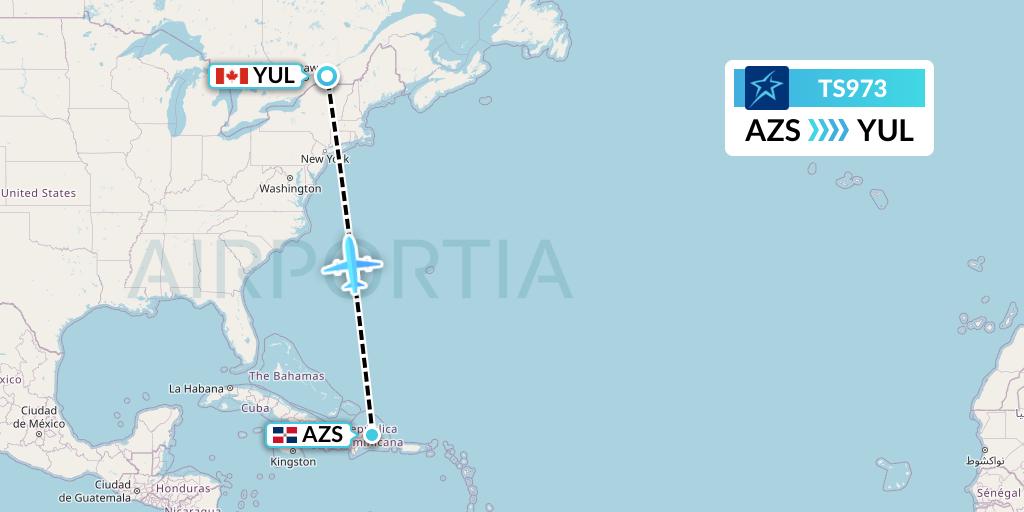 TS973 Air Transat Flight Map: Samana to Montreal