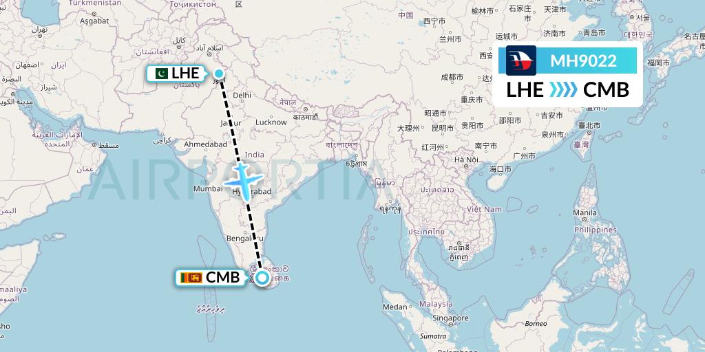 MH9022 Malaysia Airlines Flight Map: Lahore to Colombo