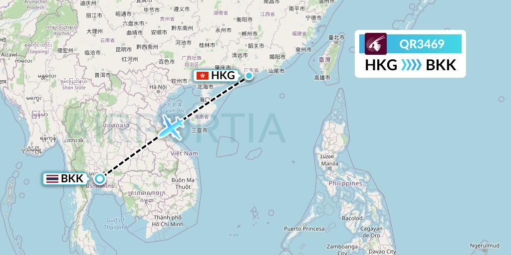 QR3469 Qatar Airways Flight Map: Hong Kong to Bangkok