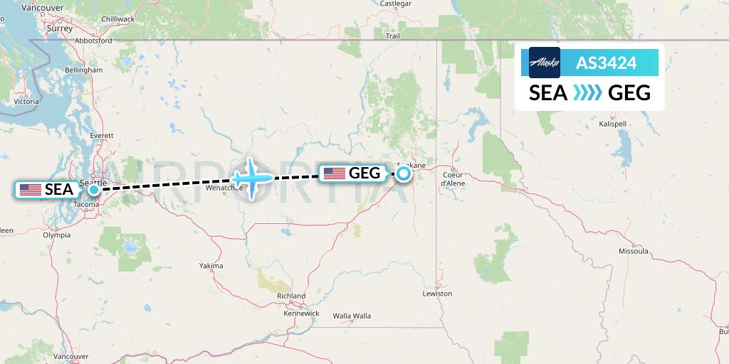 AS3424 Alaska Airlines Flight Map: Seattle to Spokane