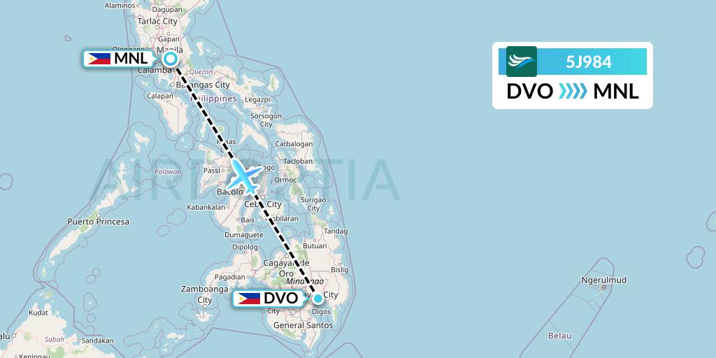 5J984 CEBU Pacific Air Flight Map: Davao City to Manila
