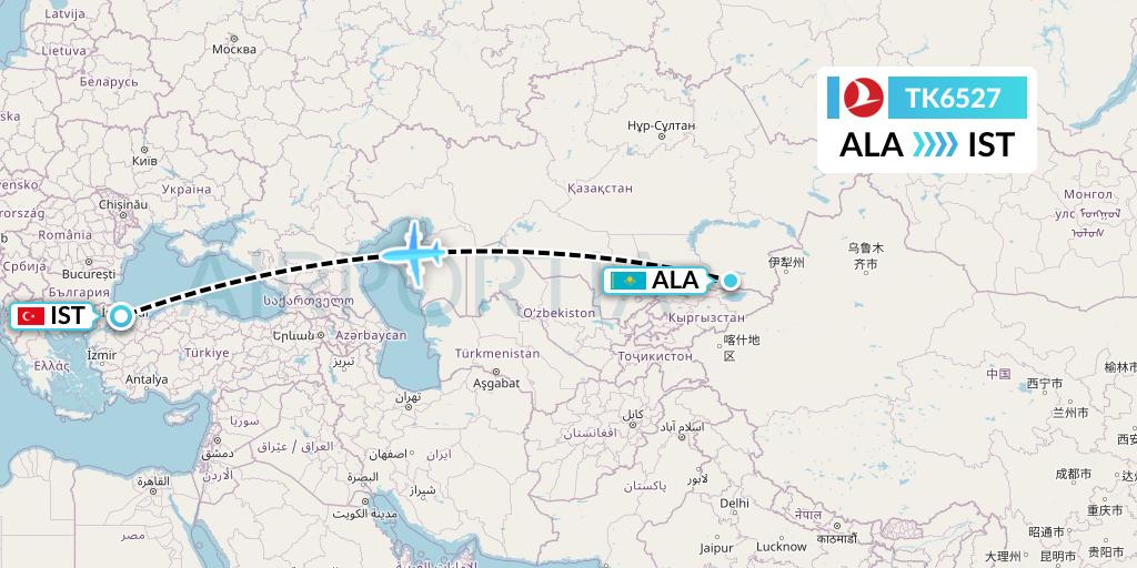 TK6527 Turkish Airlines Flight Map: Almaty to Istanbul