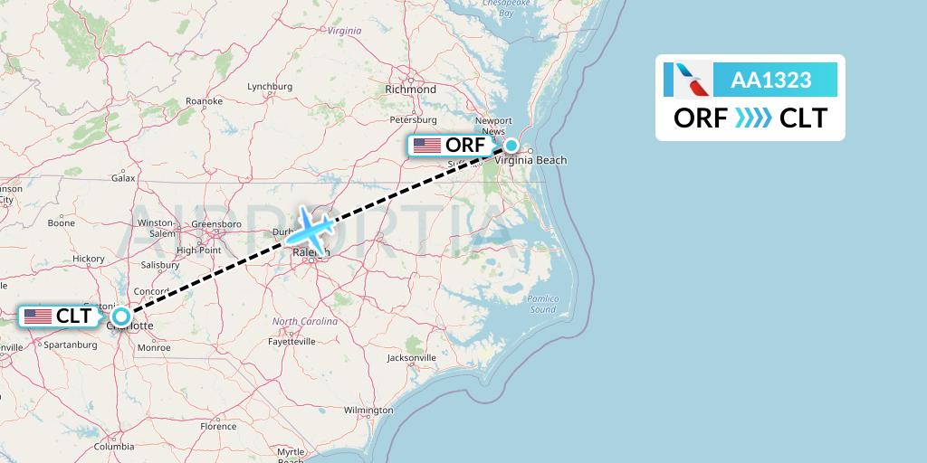 AA1323 American Airlines Flight Map: Norfolk to Charlotte