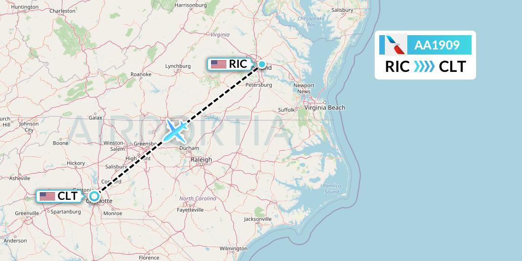 AA1909 American Airlines Flight Map: Richmond to Charlotte