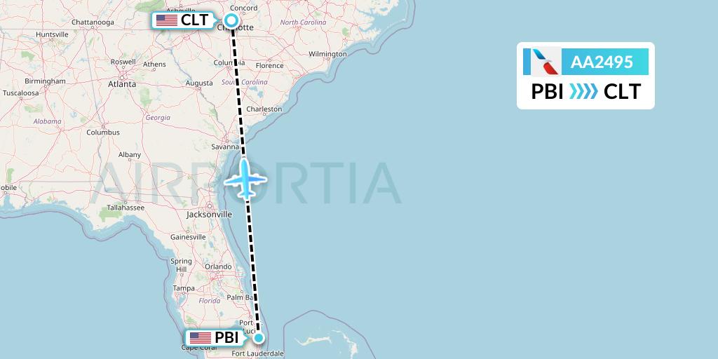 AA2495 American Airlines Flight Map: West Palm Beach to Charlotte