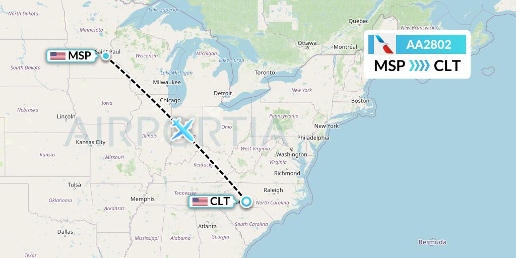 AA2802 American Airlines Flight Map: Minneapolis to Charlotte