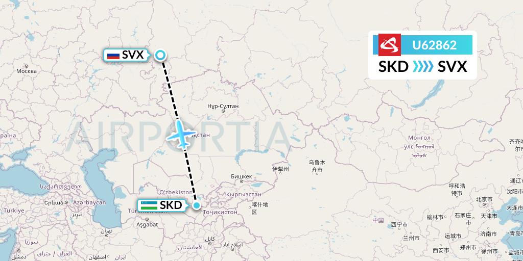 U62862 Ural Airlines Flight Map: Samarkand to Yekaterinburg