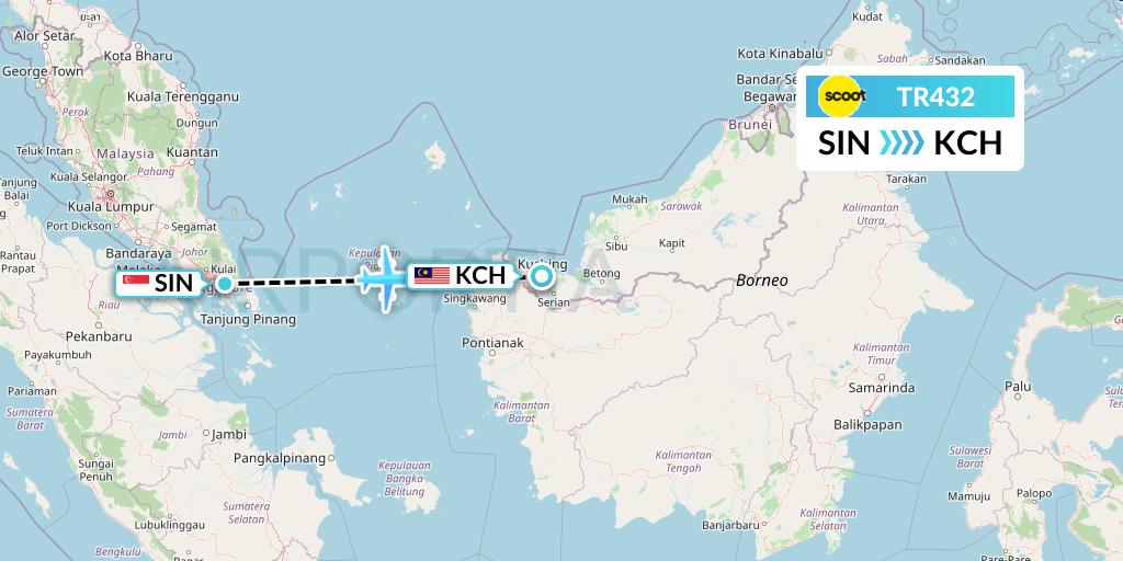 TR432 Tigerair Flight Map: Singapore to Kuching