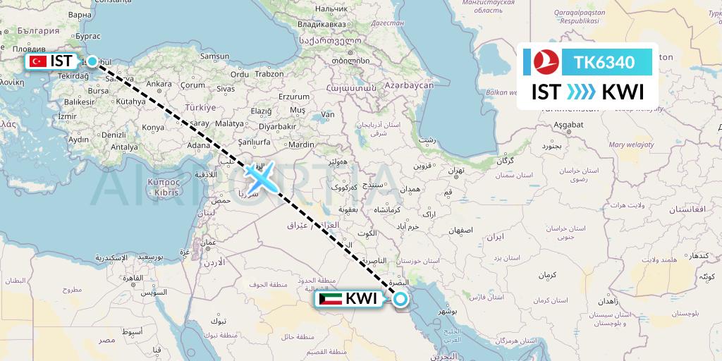 TK6340 Turkish Airlines Flight Map: Istanbul to Kuwait City