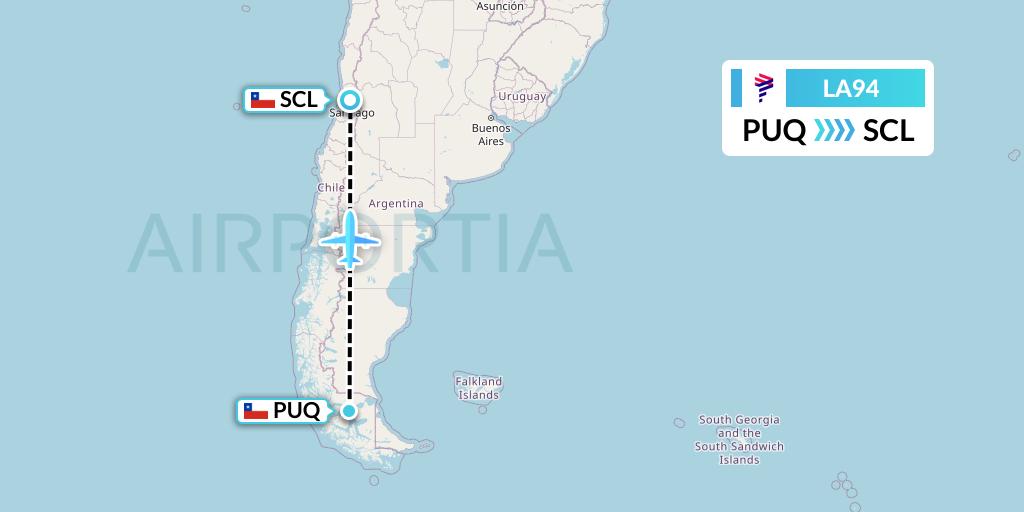 LA94 LAN Airlines Flight Map: Punta Arenas to Santiago