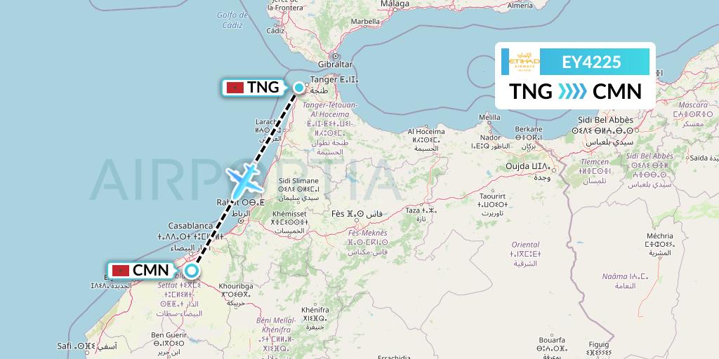 EY4225 Etihad Airways Flight Map: Tangier to Casablanca