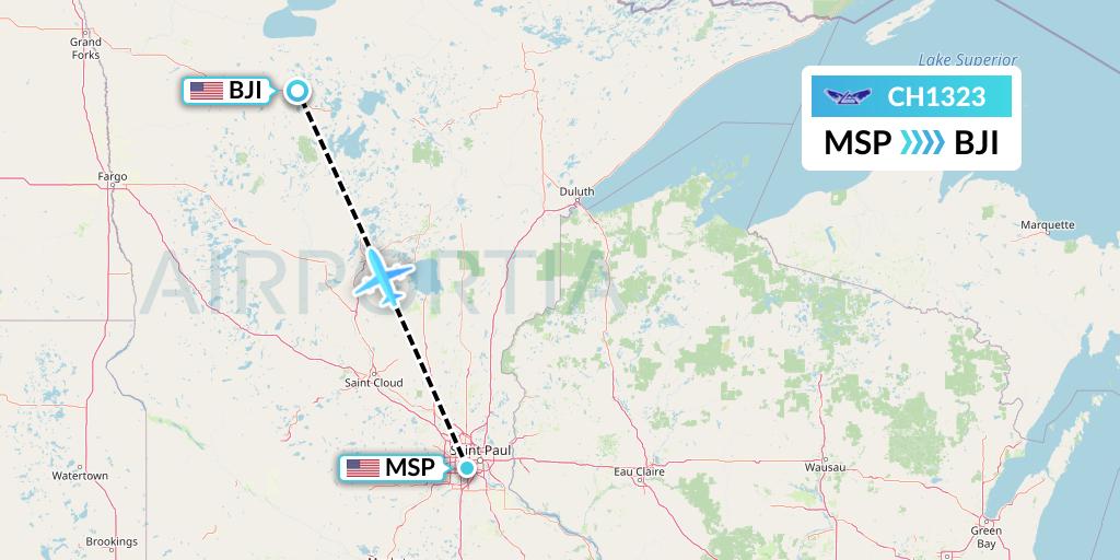 CH1323 Bemidji Airlines Flight Map: Minneapolis to Bemidji