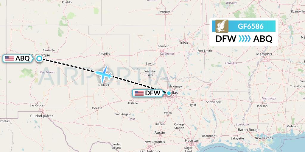 GF6586 Gulf Air Flight Map: Dallas to Albuquerque