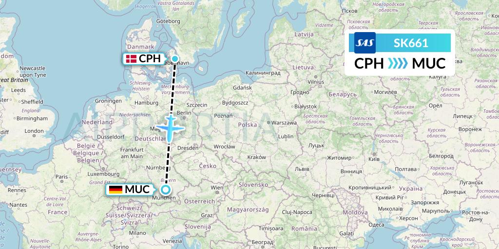 SK661 SAS Flight Map: Copenhagen to Munich