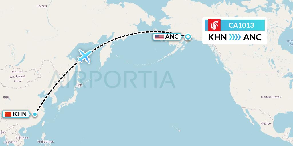 CA1013 Air China Flight Map: Nanchang to Anchorage