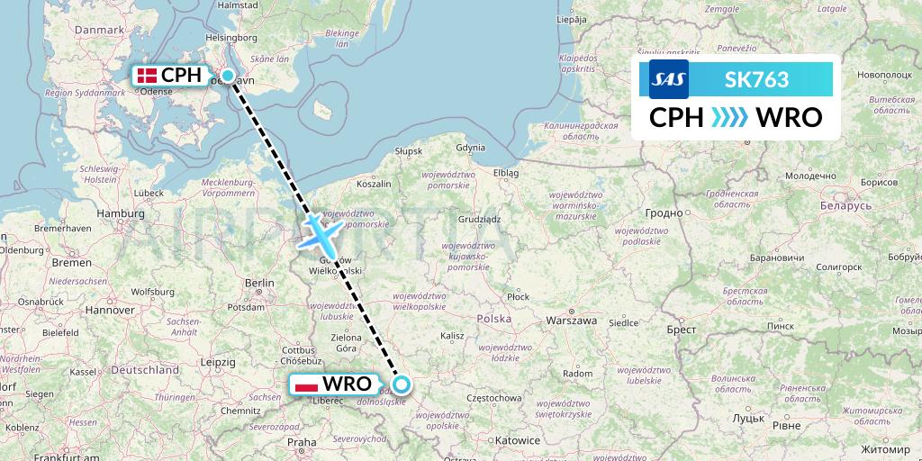 SK763 SAS Flight Map: Copenhagen to Wroclaw