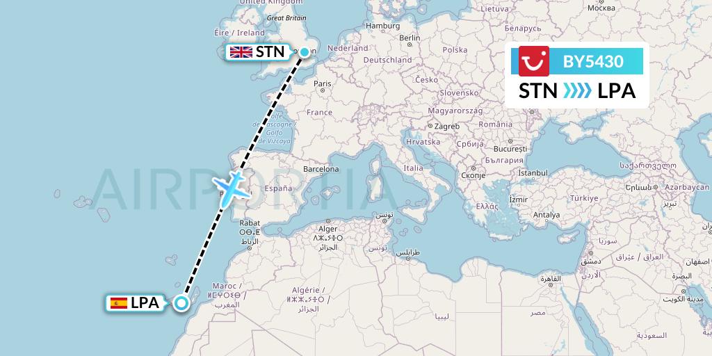 BY5430 TUI Airways Flight Map: London to Las Palmas