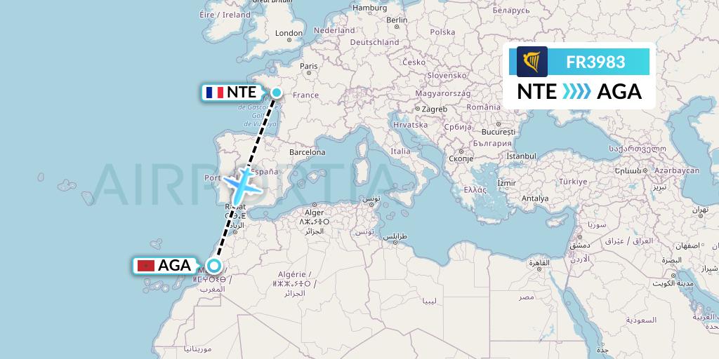 FR3983 Ryanair Flight Map: Nantes to Agadir