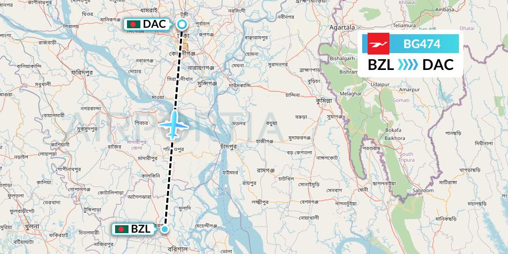 BG474 Biman Bangladesh Airlines Flight Map: Barisal to Dhaka