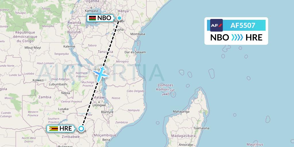 AF5507 Air France Flight Map: Nairobi to Harare