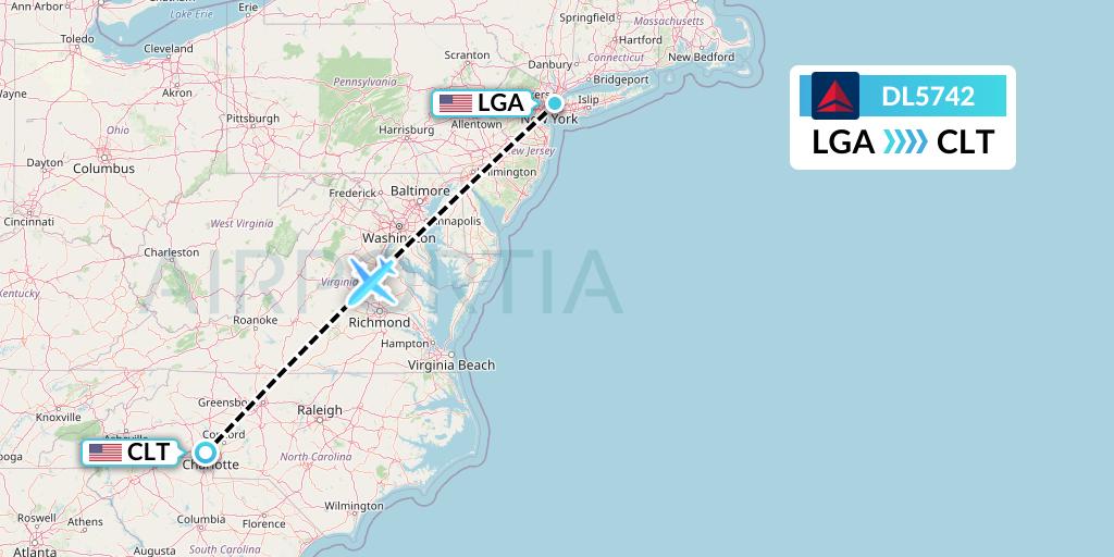 DL5742 Delta Air Lines Flight Map: New York to Charlotte