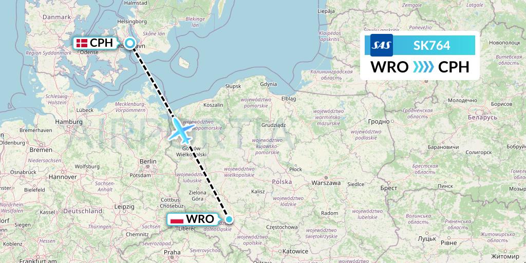 SK764 SAS Flight Map: Wroclaw to Copenhagen