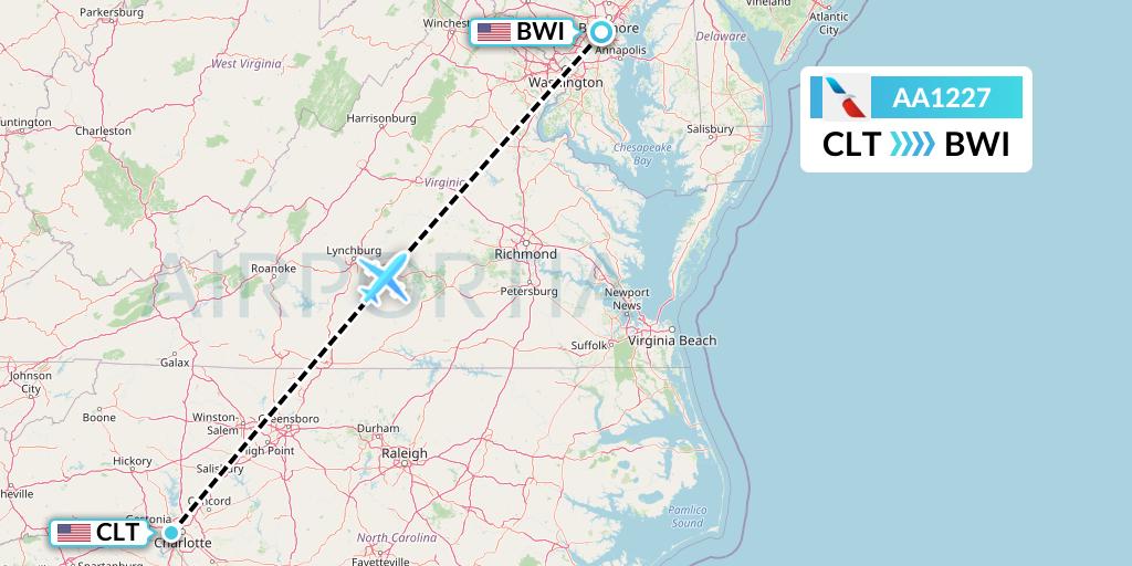 AA1227 American Airlines Flight Map: Charlotte to Baltimore