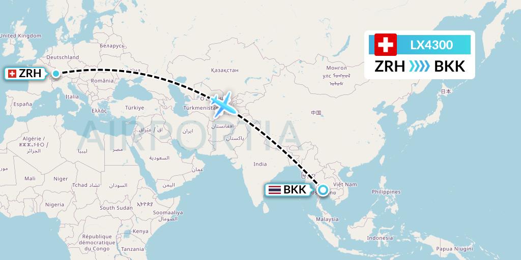 LX4300 Swiss Flight Map: Zurich to Bangkok