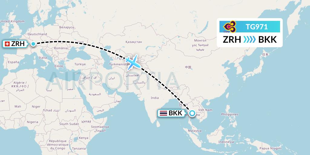 TG971 Thai Airways Flight Map: Zurich to Bangkok