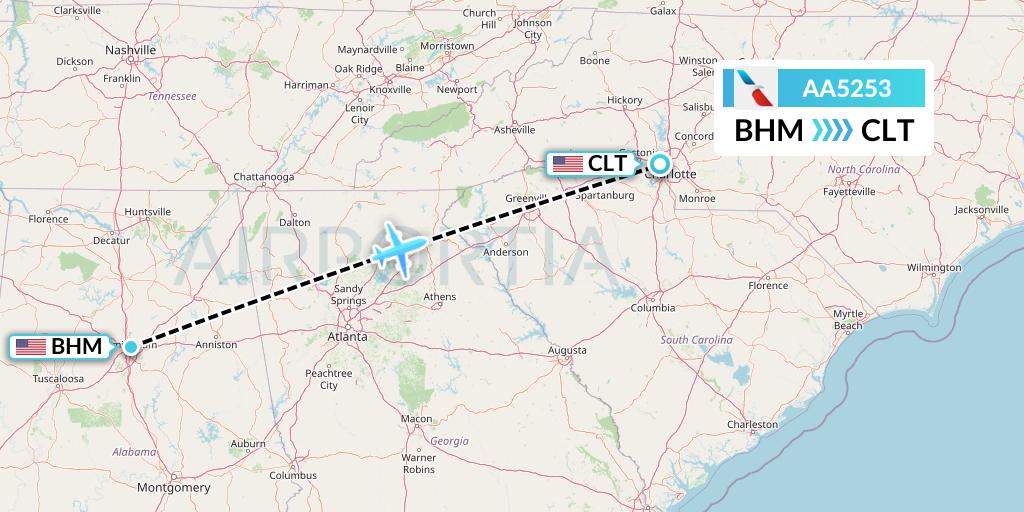 AA5253 American Airlines Flight Map: Birmingham to Charlotte