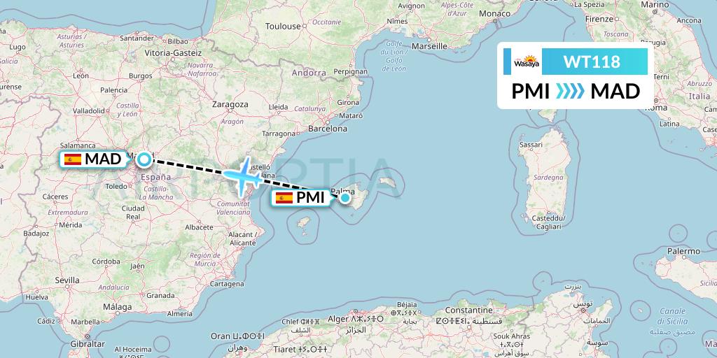 WT118 Swiftair Flight Map: Palma de Mallorca to Madrid