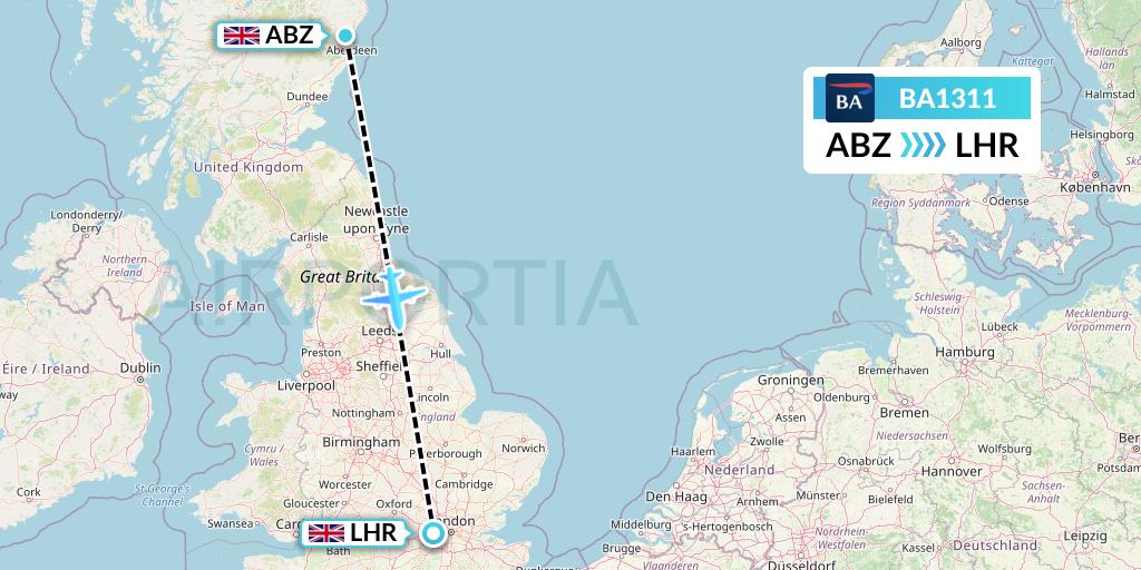 BA1311 British Airways Flight Map: Aberdeen to London