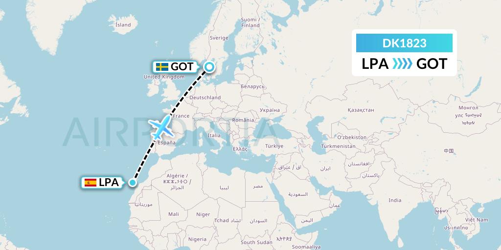 DK1823 Thomas Cook Airlines Scandinavia Flight Map: Las Palmas to Gothenburg