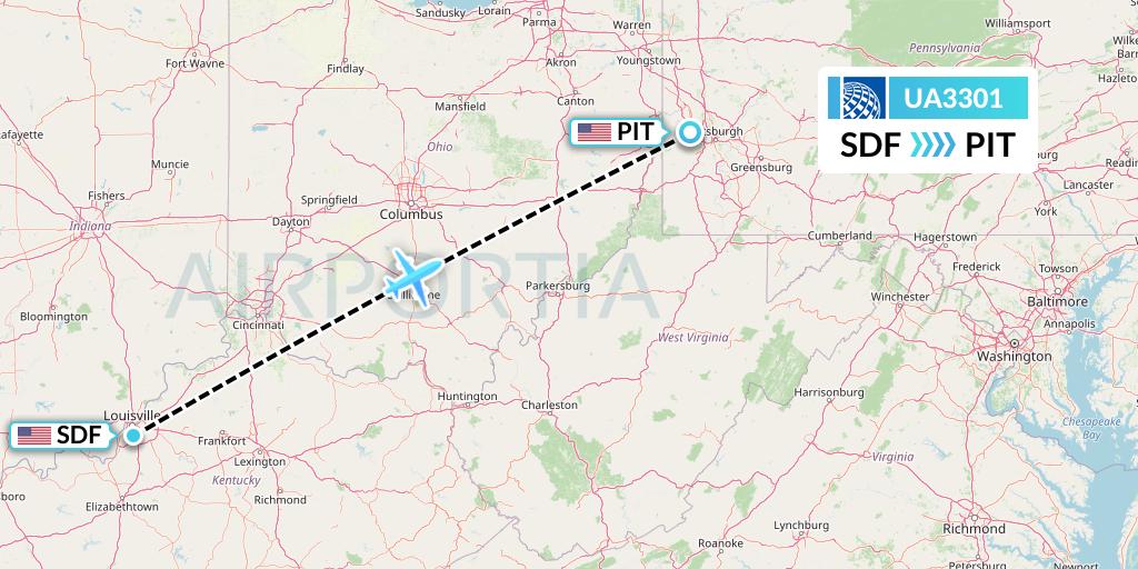 UA3301 United Airlines Flight Map: Louisville to Pittsburgh