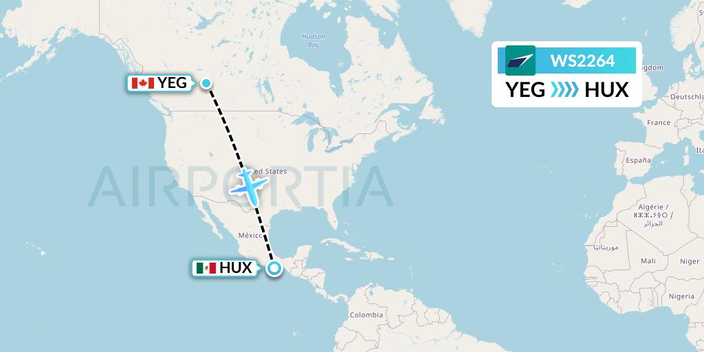 WS2264 WestJet Flight Map: Edmonton to Huatulco