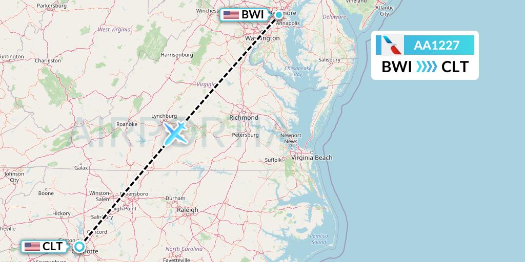 AA1227 American Airlines Flight Map: Baltimore to Charlotte